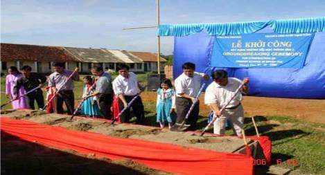 A group of people participate in a groundbreaking ceremony with shovels, standing behind a red fabric on the ground, in front of a blue banner and buildings.