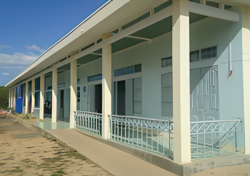 A single-story building with multiple doorways and windows, featuring a covered walkway supported by pillars and a decorative metal railing. A paved path runs alongside the building.