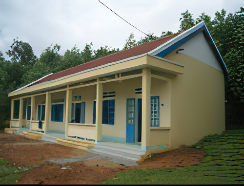 Single-story building with a yellow exterior, blue doors, and windows. The structure has a corrugated red roof and is surrounded by trees and a muddy ground.