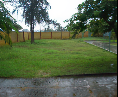 A grassy yard with a few trees and a yellow fence in the background under a cloudy sky.