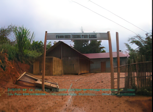 A wooden sign over a dirt path leads to small wooden buildings in a rural, hilly area. The sky appears overcast and the ground is muddy. The sign text is partially obscured.