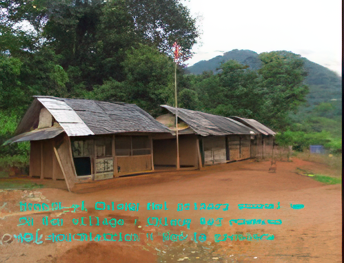 Rustic primary school in a rural village, constructed from natural materials, with mountains in the background and a flagpole in front.