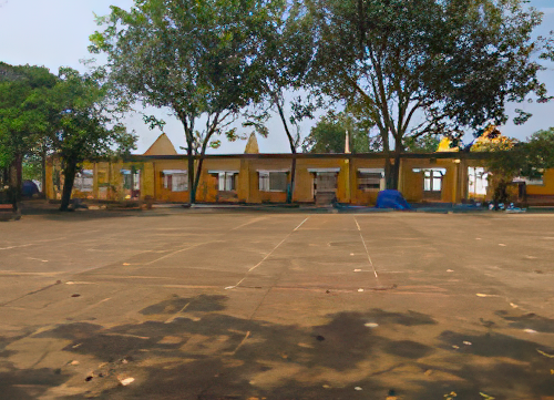 An empty, sunlit courtyard with a brown paved ground and a single-story yellow building in the background, surrounded by large trees.