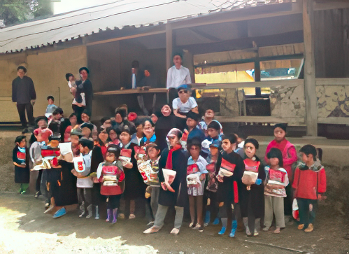 A group of children and a few adults stand in front of a rustic building, holding books and smiling. The building has a slanted tin roof and an open section revealing more people inside.