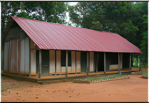 A single-story building with a red metal roof, wooden walls, and a porch, surrounded by trees and a dirt yard.