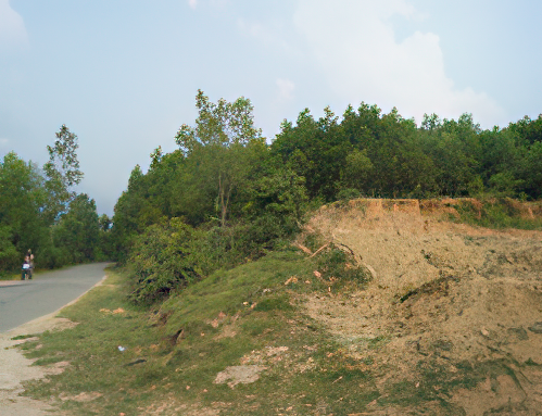 A paved road runs alongside a hill with exposed soil and a dense forest. A person on a bicycle is seen in the distance on the left side of the road. The sky is clear.