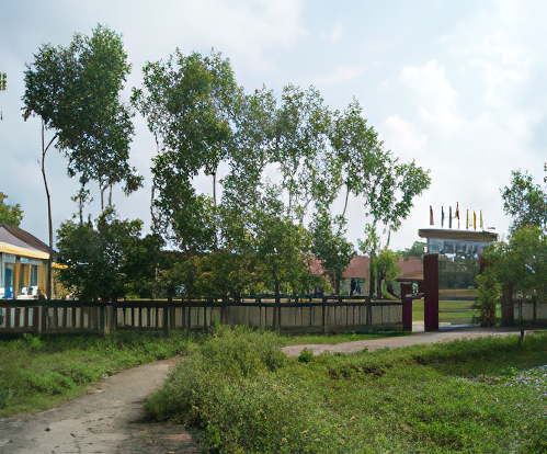 Pathway leading to an entrance gate surrounded by trees and buildings with colorful flags on top, under a partly cloudy sky.