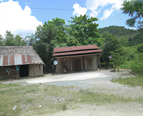 Two rustic wooden houses with tin roofs stand beside a dirt road, surrounded by greenery and trees under a partly cloudy sky.