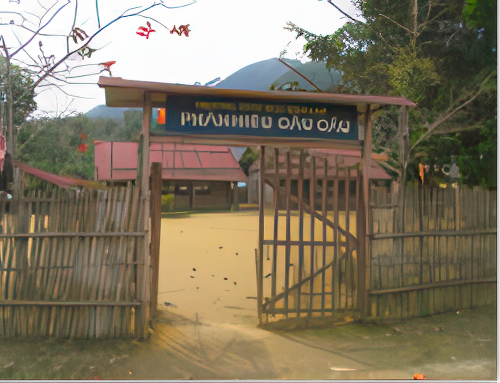 An entrance gate leading into a compound with several buildings. The gate has a sign with non-Latin characters, and the area is surrounded by fences and trees.